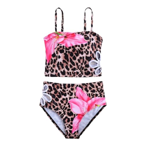 Tankini niña de leopardo con diseño floral lateral que no aprieta al nadar