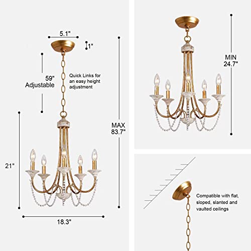 Wood Beaded Chandeliers Distressed White Brass Antique Gold Dining Room Light Fixtures, 5-Light French Country Modern Farmhouse Pendant Light Ceiling Hanging Lighting Kitchen Living Room Bedroom Foyer #TOP6