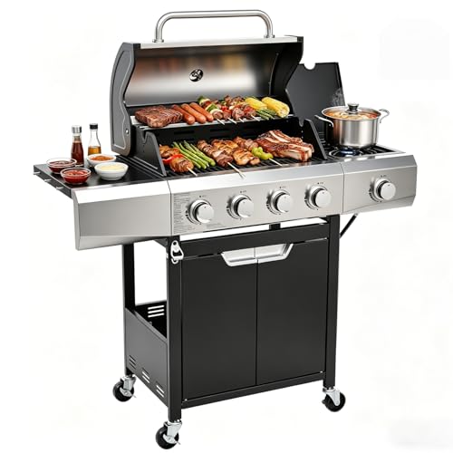 Image of EUHOME Upgraded 51,000 BTU 4-Burner Propane Gas Grill with Side Burner - Large 452 sq.in Porcelain-Enameled Cast Iron Grates, Stainless Steel Body, 4 Swivel Casters for Backyard Patio & Tailgating