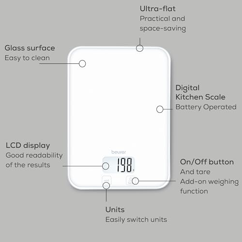 Beurer KS 19 Pure White Digital Kitchen Scale, Load Capacity up to 5 kg (1 g Accurate Division), Household Scale with Sensor Touch, Food Scale incl. Batteries, Ultra Thin, White image 5
