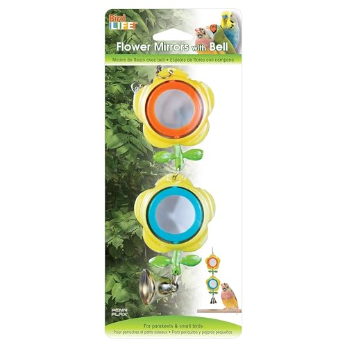 Image of Penn-Plax Bird Life Two Flower Mirror with Bell - Interactive Bird Toy with Spinning Floral Mirrors & Hanging Bell - Colorful Cage Accessory for Parakeets & Finches, Easy to Install - 3.75x1x9.2 in