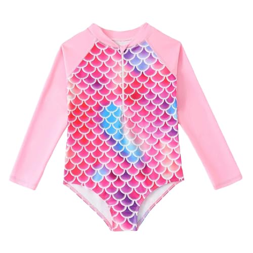 Bañador Niña Manga Larga Traje de Baño de Una Pieza Protección UV 50 Bañadores Natacion con Estampado de Escamas de Pez Swimsuit Secado Rápido con Cremallera Ropa de Playa Resistente Al Cloro