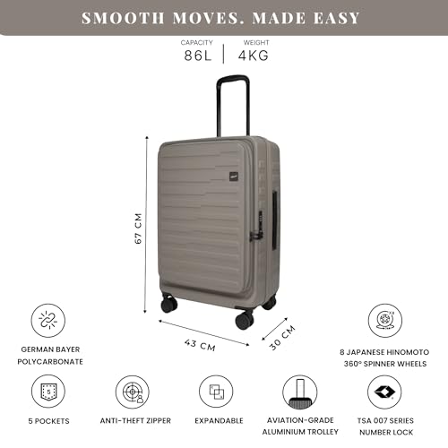 Image of F Gear Sedona Medium 65cm German Polycarbonate Hard Luggage|8 Japanese Hinomoto Silent Wheels |Expandable Check-in Front Opening Suitcase for Travel| Anti-Theft Zipper, TSA 007 Lock (Taupe)