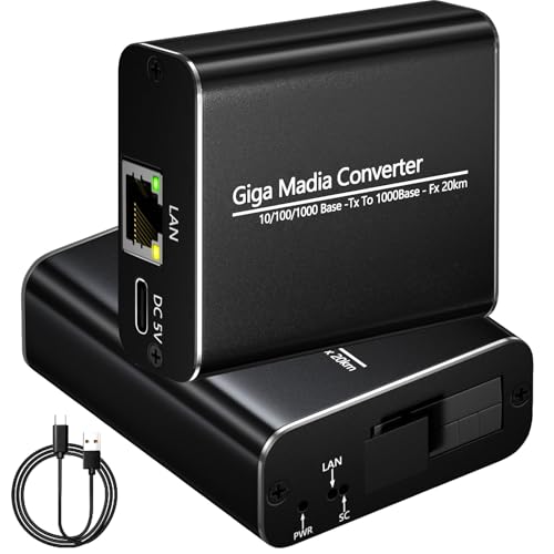 Gigabit Fiber Media Converter - A Pair of Bidi Single-Mode Fiber-Optic Transceiver SC to RJ45 Port, 20Km Transmission, 1000Mbps Fiber to Ethernet Converter for Network SOC Video Security VSaaS PSIM