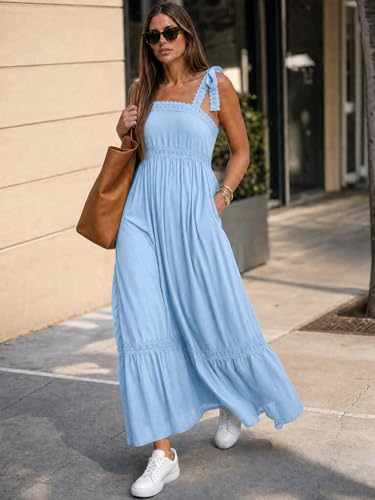 Image of Opemiby Womens Maxi Dress Spring Summer Sleeveless Lace Strap Empire Waist A Line Side Pockets Beach Casual Long Dresses