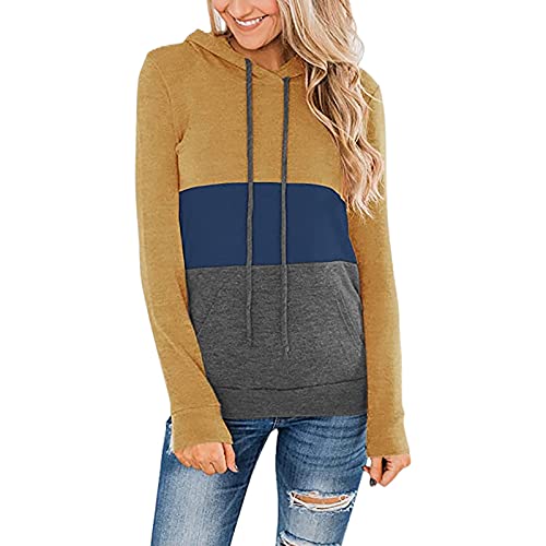 PBNBP Women's Color Block Pullover Hoodies with Pockets Athletic Sweatshirts Drawstring Hooded Tops Long Sleeve Casual Blouse A10_yellow Medium