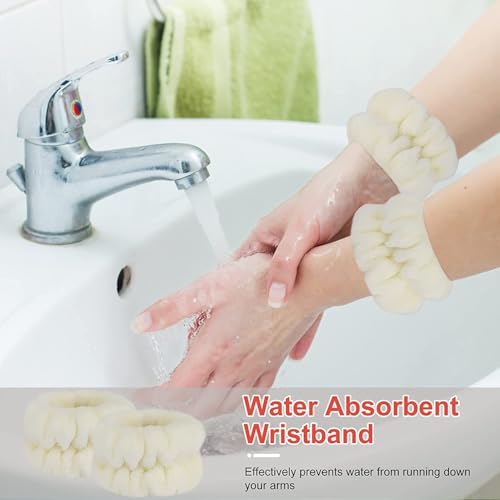 Image of 1 Set Spa Headband Wrist Washband Face Wash Set, Include 1 Microfiber Headband and 2 Wrist Washband for Women Girls Prevent Liquids from Spilling Down Your Arms (Warm-White)