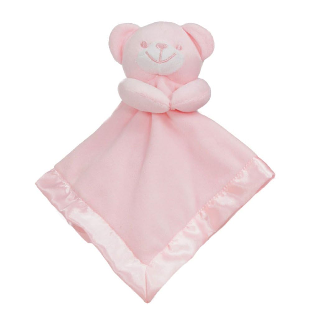 Personalised Newborn Baby Boys Girls Toy Comforter Blankets Elephant, Bunny, Giraffe, Zebra Teddy Embroidered Name | Gift Toy Comforter (Pink Satin Bear)