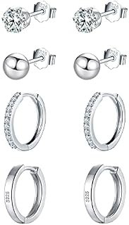 wynn's Sterling Silver Stud Earrings for Women, Silver Stud Earrings & Silver Hoop Earrings Set, 4 Pairs Small Cartilage Sleepers Studs Hoops Earrings Set, 4mm Studs & 12mm Hoops, Silver Earrings