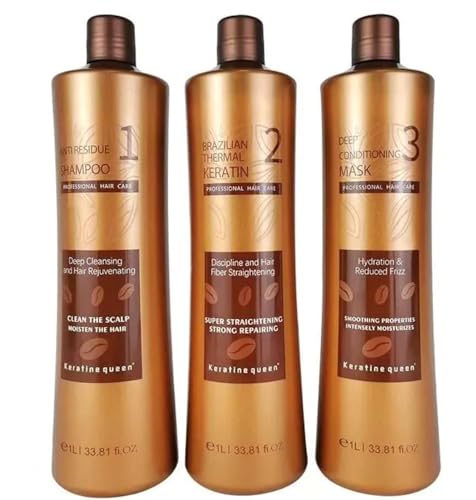 Keratine Queen Brazilian Treatment 3-Pack 1L (33.81 Fl OZ) - Keratin Cream for All Hair Types - Shiny Silky Soft - Smoothing