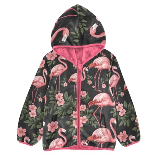 Flamingos Flowers Girls Fleece Jacket Girls Fall Jacket Girl Coats Zip Up Hoodie Children Sherpa Warm Outerwear 2-10T
