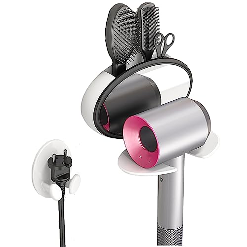 BOZKOA Foldable Hair Dryer Holder Wall Mount,Hair Blow Dryer Rack with Mirror,Adhesive Hair Dryer Storage,Hair Tool Organizer for Curling Iron,White Hair Dryer Support and Hair Dryer Shelf