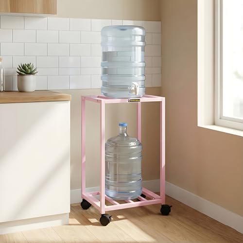 Image of 2-Tier Metal Water Dispenser Stand with Lockable Wheels ? Heavy-Duty Black Frame Cart for 20?25L Bottles, Cans & Jars | Multifunctional Kitchen & Home Storage and Mobility Solution(Pink)