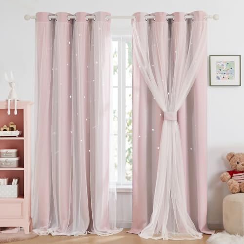 Deconovo Blackout Curtains 84 Drop Thermal Insulated Double Layer with Net Hollow Out Star Pattern Curtains for Girls Bedroom 52x84 Inch Pink/Grey 2 Panels