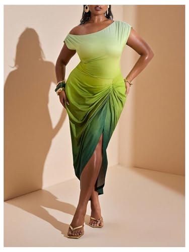 Image of Floerns Women's Plus Size Asymmetrical Neck Long Dress Ruched Slit Hem Cocktail Dress
