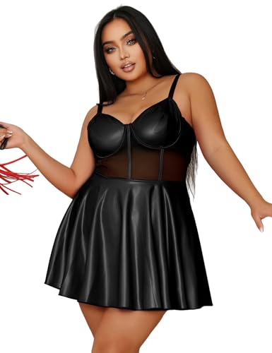 sunshinelady Damen Lederkleid Mesh Wetlook Große Größen Minikleid mit Rüschen Bügel-Cups Partykleid für Frau Brustumfang Träger Verstellbar...