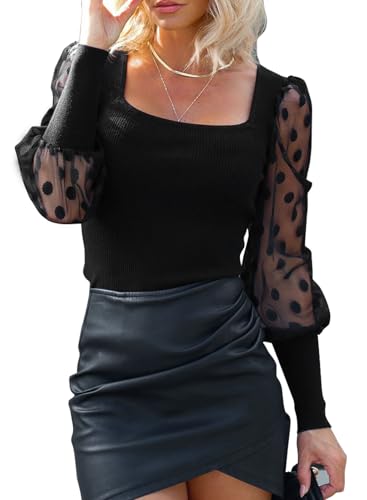 Image of miduo Womens Tops Square Neck Polka Dot Balloon Long Sleeve Top Shirts Slim Knit Ribbed Tops Blouses