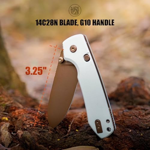 Image of Vosteed Raccoon2.0 EDC Folding Pocket Knife - 3.25 inch 14C28N Rose Gold Blade, Top Liner Lock, White G10 Handle with Belt Clip - Camping, Hiking Knives- A2913