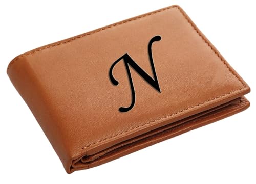 Image of Pu Leather Wallet for Men and Boys Alphabet Name Wallet Gifts for Men | Personalized with Name & Charm Purse - (Color-Tan) (N, Tan)
