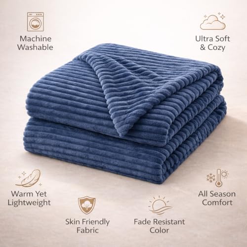 Image of WONJU Premium Ultra Soft Coral Fleece Blanket for Bed & Sofa | Warm Plush Ribbed Throw | Lightweight Cozy Winter Blanket | Machine Washable | Multiple Colors (Blue)