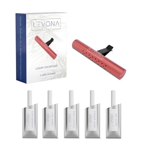 Image of Levona Scent Car Diffuser Vent Clip: Car Air Fresheners with Perfume Essential Oil Sticks - Car Scents Accessories for Men and Women - Sleek Modern Cylindrical Design (Red)