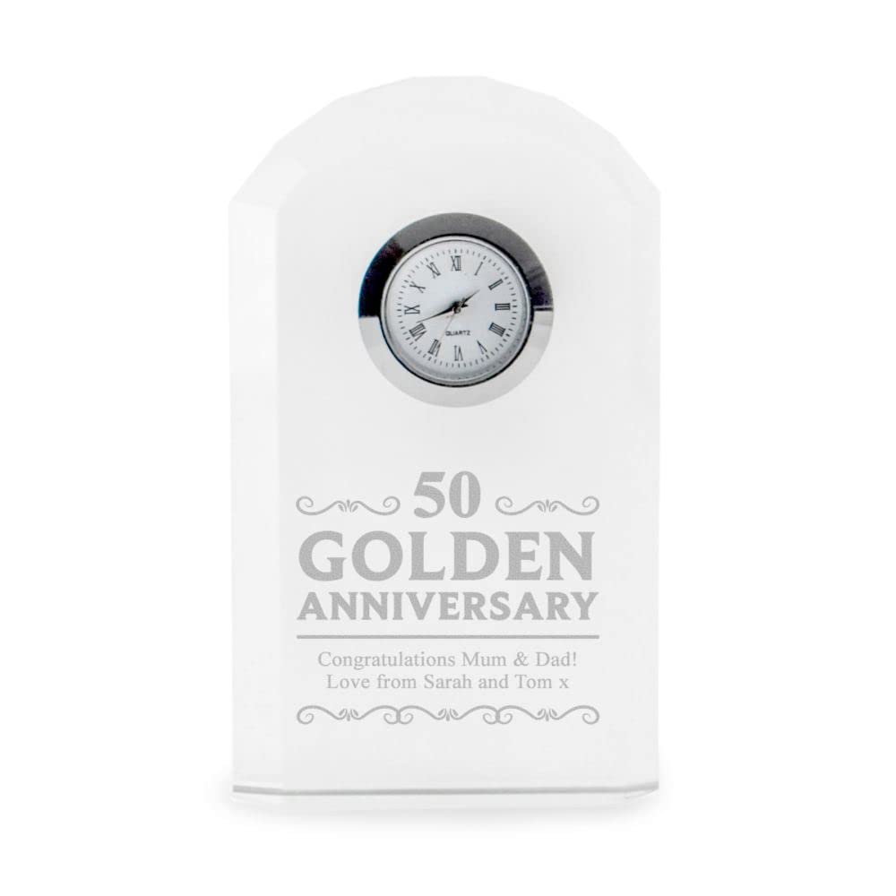 The Gift Experience White Engraved Golden Wedding Anniversary Mantel Clock | Engraved With Any Message | Wedding Gifts |10 Cm X 6 Cm X 2.6 Cm