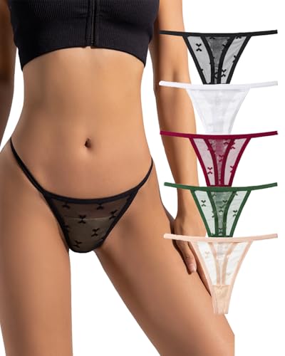 Justgoo G-String Thongs for Women T-back Lace Hollow Out Thongs Sexy Low Waist Underwear Panties 5 Pack