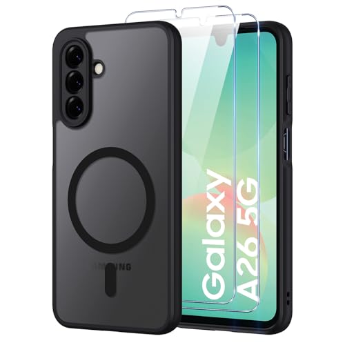 Oelrstfe Coque pour Samsung Galaxy A26 5G Compatible avec MagSafe avec 2 Verre Trempé, Magnétique Etui Translucide Mat Arrière Housse, d'objectif Tout...