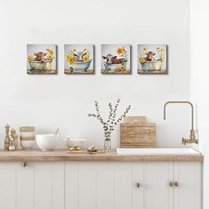 Funny Highland Cow Wall Art Canvas Prints Bathroom Decor Rustic Farmhouse Sunflower Cow Pictures Wall Decor Country Cattle in Bathtub Painting Artworks Living Room Bedroom Home Decorations 12×12 4P