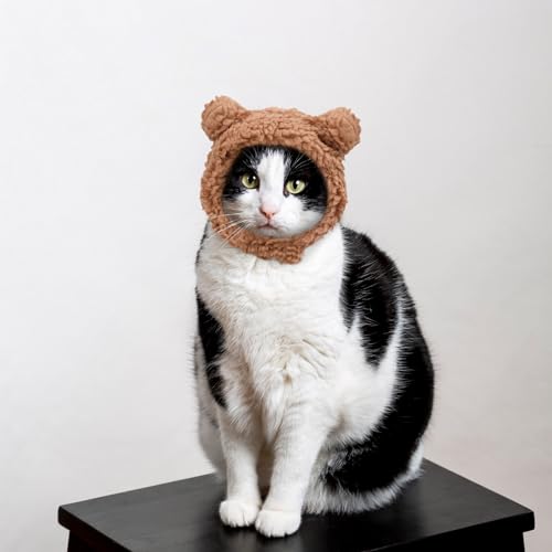 WLLHYF Süße Katze Wintermütze Warm Bärenmütze Weich Bequem Verstellbar für Kleine Haustiere Kopfbedeckung Kostüm Kleidung für Katzen, Hunde (Braun)