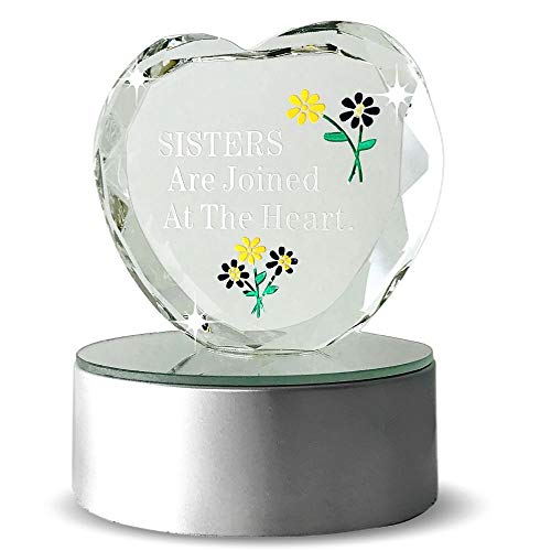 BANBERRY DESIGNS Sister Heart - Lighted Heart on LED Base - Sisters are Joined at The Heart Etched Into The Glass - Gifts for Sisters - Sister Gifts - Heart Paperweight