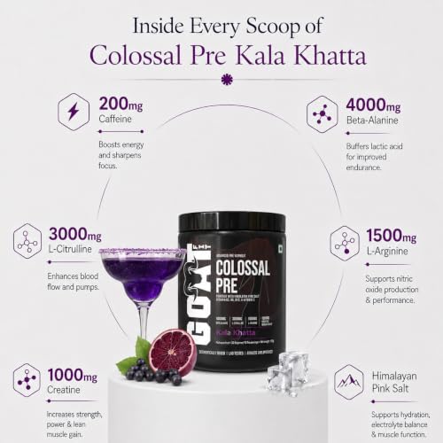 Image of GOAT Fit Colossal Pre | PreWorkout Powder 200mg Caffeine 3.5g Beta-Alanine 3g Citrulline 1.5g Arginine 1g Creatine with Himalayan Pink Salt (180gm - 15 Servings, Kala Khatta)