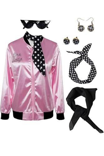 Lixinya Womens 50s Ladys Pink Satin Jacket Jacket with Neck Scarfs Halloween Cosplay Costume (Medium)