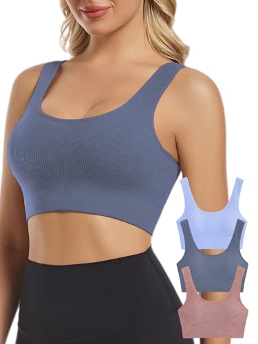 Image of Chilylori Seamless Sports Bras for Women Pack of 3 Ribbed Sports Bra Workout Tops Cropped Tank Top Comfort Padded Yoga