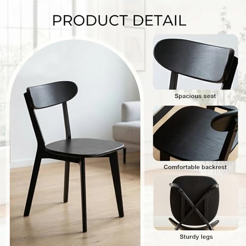 Image of 100% Solid Wood Dining Chairs,Mid Century Modern Dining Chairs with Rounded Backrest,Kitchen,Dining Room Chairs Set of 1 /2 /4 (1, Black Color)