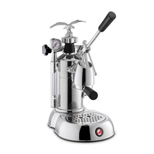 La Pavoni Milano, LPLMLN01EU Hebel-Espresso-Kaffeemaschine, Boilerheizung mit Manometer, 1,6-l-Wassertank, 2 52-mm-Filterhalter und 1/2-Tassen-/Wettkampffilter, 950 W, Verchromtes Messing