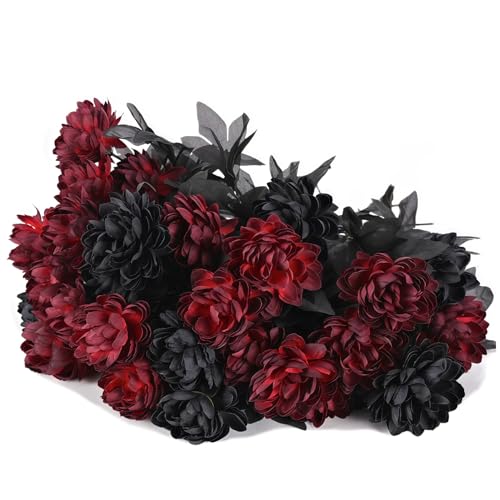 starcorss line Black Burgundy Artificial Flowers Dahlia Bouquet - Lifelike Faux Gothic Floral Arrangement - 20 Piece Set for Black Red Gothic Decor or Unique Valentines Accents