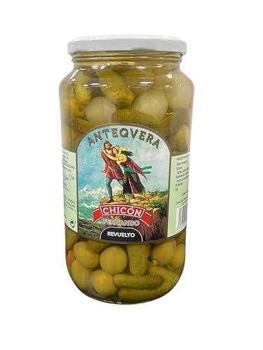 Revuelto Chicón Fernando – Aceitunas, Pepinillos, Cebollitas y Zanahoria – Encurtidos al Vinagre Sin Gluten – 900 gr (500 gr Escurrido) – Mix Encurtidos Españoles Tapas Vermut