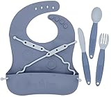 BUSY BABY Bungee Bib & Utensils Bundle | Silicone Bib for Babies & Toddlers with Tethers to Attach Utensils and Keep Them Off The Floor | Dishwasher Safe, BPA Free (Pewter)