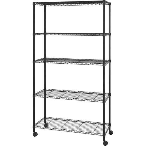 Bonnlo 5-Tier Wire Shelving Unit with Wheels, Adjustable Storage Rack for Kitchen & Pantry, 90x35x165cm,NSF Certified, 80kg Capacity, Black