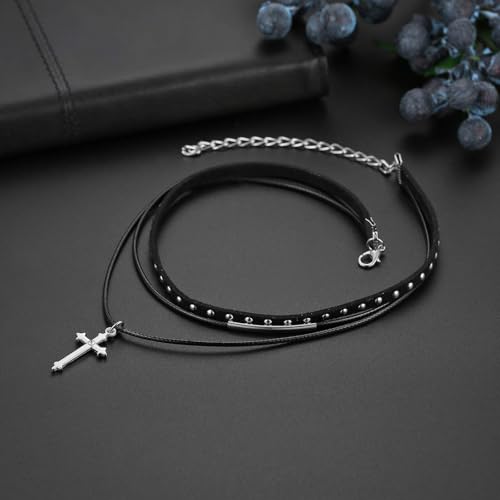 Flongo Womens Gothic Vintage Flannelette Rope Cross Rivet Choker Punk Collar Neckband4