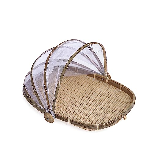 Covered Bamboo Serving Food Tent Basket, Outdoor Picnic Hand Woven Bamboo Food Serving Tent Basket for Fruits, Bread, Vegetable