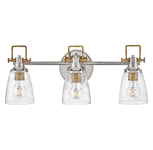 Image of Hinkley Easton Three Light Bath Vanity Fixture, Modern Industrial, Clear Seedy Glass Shade, Mounts Up or Down, Polished Nickel and Heritage Brass