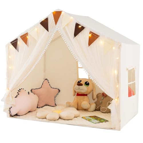 COSTWAY Spielhaus Kinder Indoor, Kinderzelt mit Matte und Lichtern, Spielzelt Kinder, Prinzessin Kinderspielhaus, Kinderzimmer Dekor Zelt für Jungen und Mädchen ab 3 Jahren (Beige)