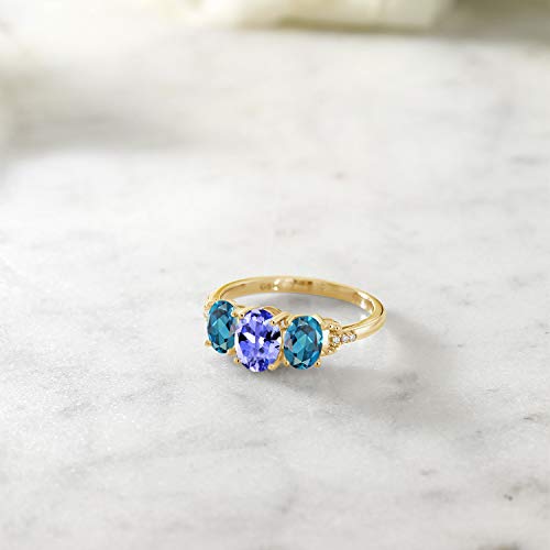 Gem Stone King 10K Yellow Gold Oval Blue Tanzanite London Blue Topaz and Diamond 3-Stone Women Engagement Ring (1.97 Cttw, Gemstone Birthstone, Available In Size 5, 6, 7, 8, 9)4