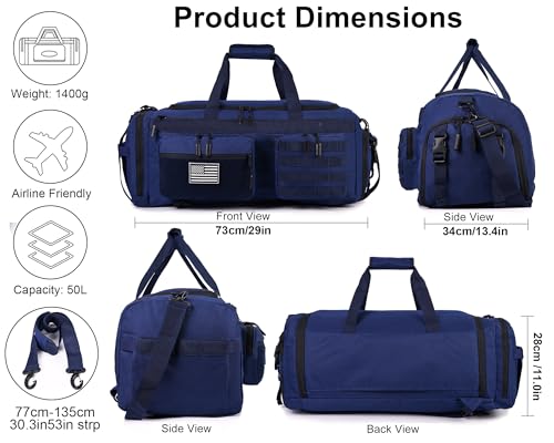 Image of LHI 50L Tactical Duffle Bag for Men, 3-in-1 Gym Duffle and Backpack, Shoe Compartment, Laptop Sleeve and MOLLE, Carry-On Travel Weekender and Overnight Bag - Blue