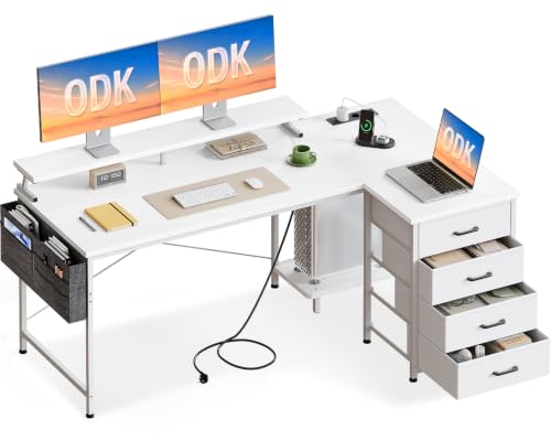 ODK Eckschreibtisch mit 4 Schubladen und Steckdose, 160×80 cm, Weiß
