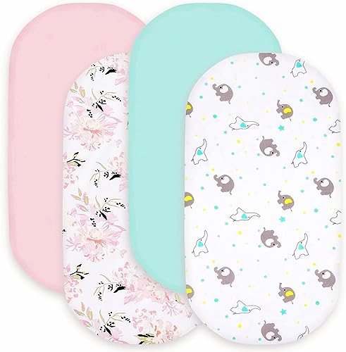 Image of bimocosy Bassinet Sheet, 4 Pack Bassinet Sheets for Baby Girls Boys, Soft Baby Bassinet Fitted Sheets Neutral for Standard Bassinet Mattress, Size 32 x 16 x 4 Inches, Floral/Elephant/Pink/Green