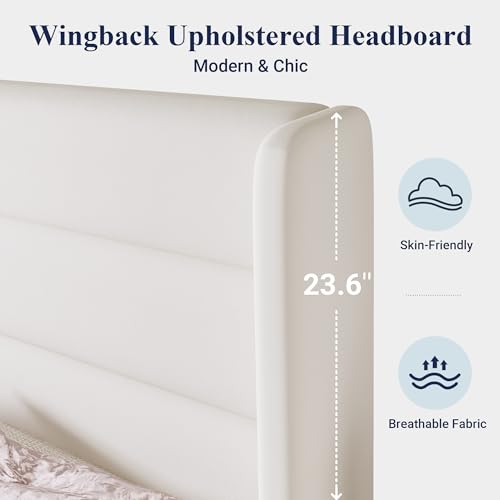 Image of Allewie Full Size Platform Bed Frame with Velvet Upholstered Wingback Headboard, No Box Spring Needed, Under Bed Storage Space, Strong Wooden Slats, Modern Mattress Foundation, Easy Assembly, White