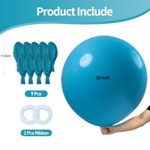 Image of KALOR 9 Pcs 36 Inch Large Aqua Blue Big Giant Round Latex Balloons